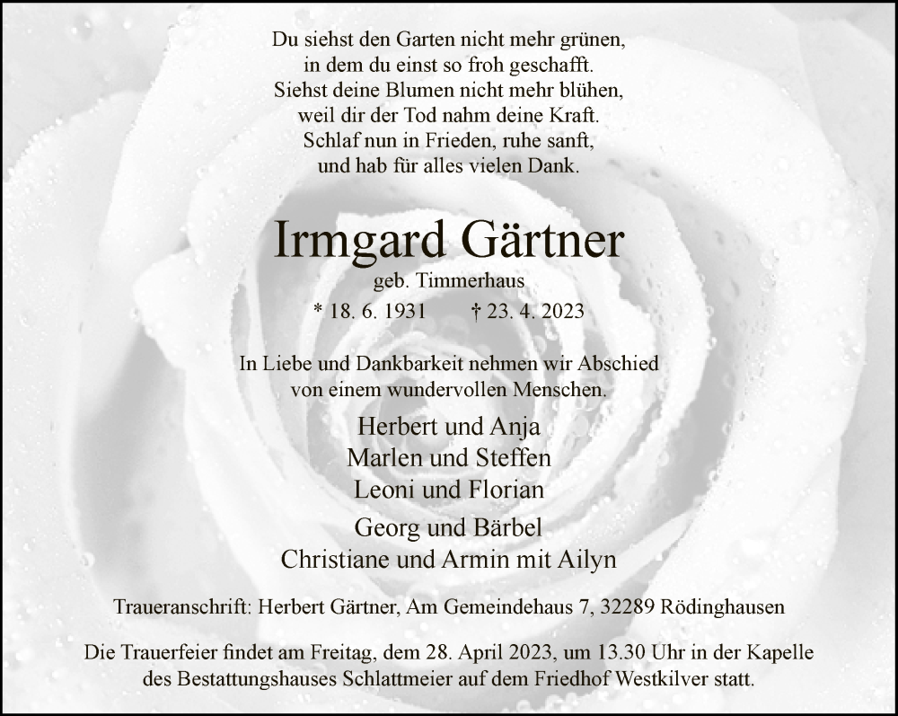  Traueranzeige für Irmgard Gärtner vom 26.04.2023 aus Neue Westfälische
