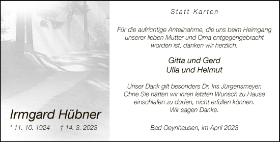 Traueranzeige von Irmgard Hübner von Neue Westfälische