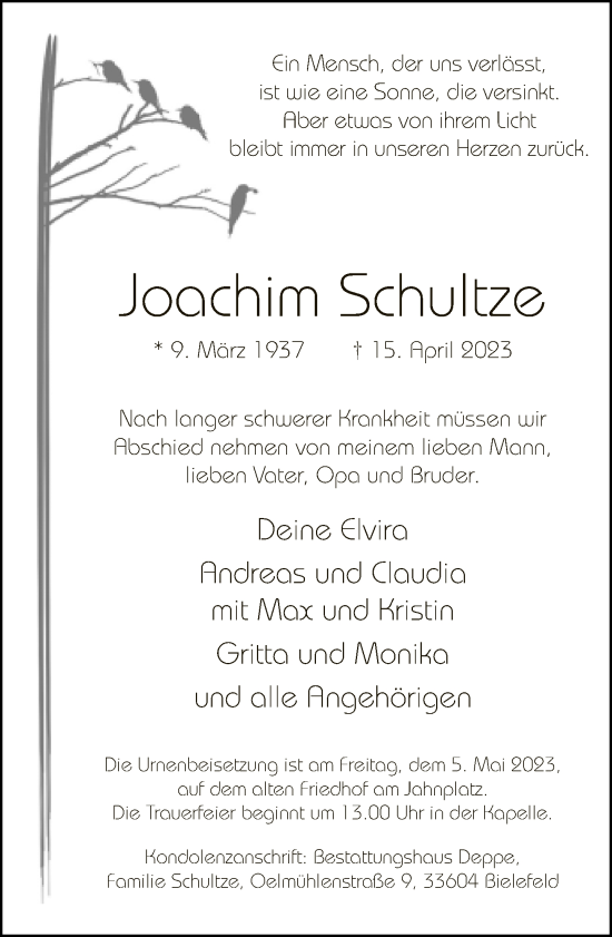 Traueranzeige von Joachim Schultze von Neue Westfälische