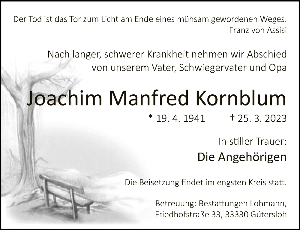  Traueranzeige für Joachim Manfred Kornblum vom 07.04.2023 aus Neue Westfälische