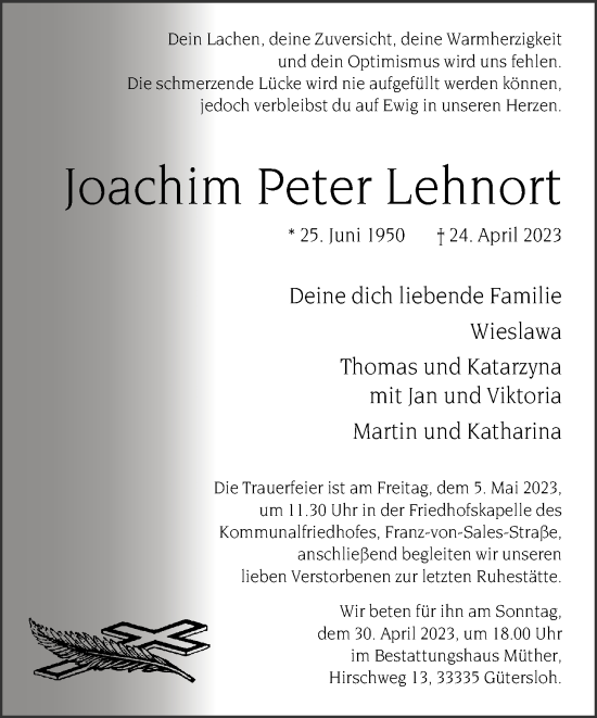 Traueranzeige von Joachim Peter Lehnort von Neue Westfälische