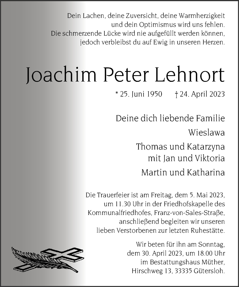  Traueranzeige für Joachim Peter Lehnort vom 29.04.2023 aus Neue Westfälische
