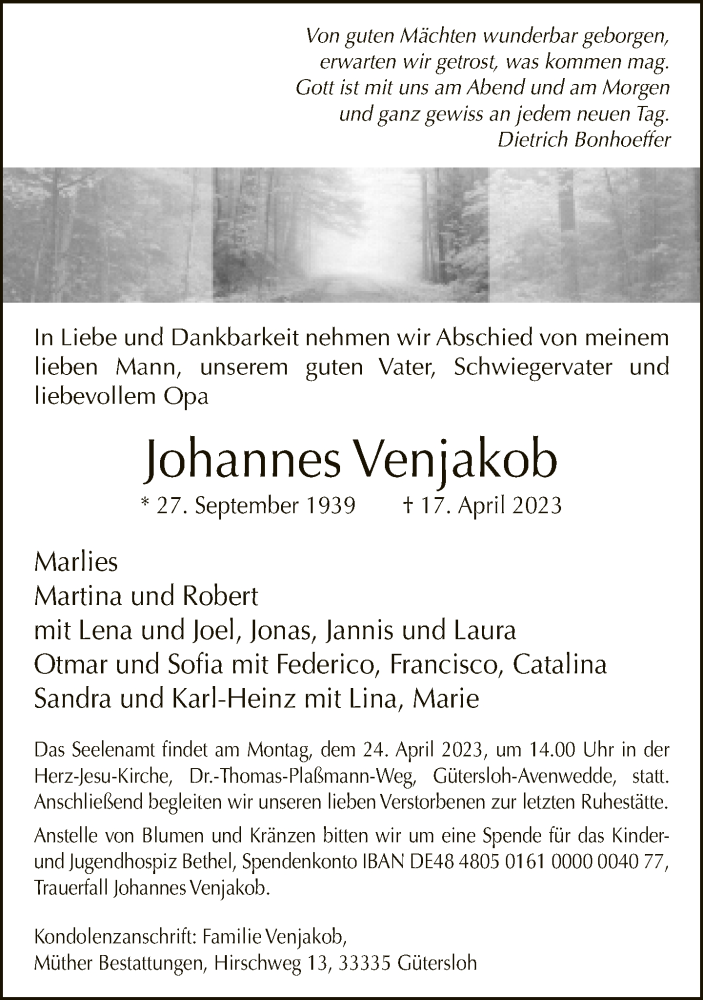  Traueranzeige für Johannes Venjakob vom 21.04.2023 aus Neue Westfälische