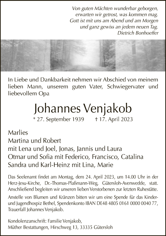 Traueranzeige von Johannes Venjakob von Neue Westfälische