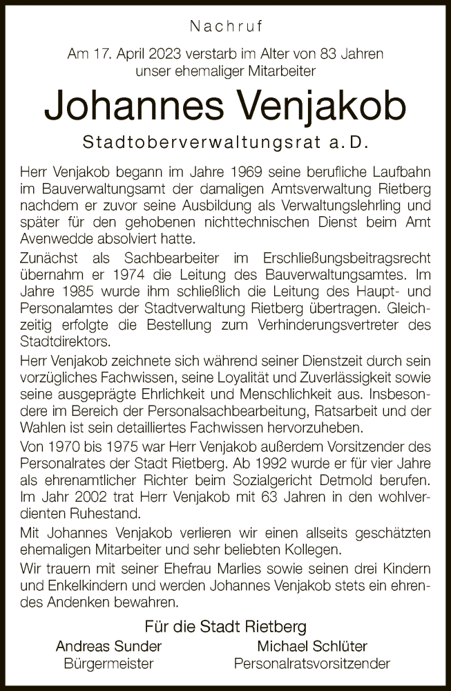  Traueranzeige für Johannes Venjakob vom 24.04.2023 aus Neue Westfälische