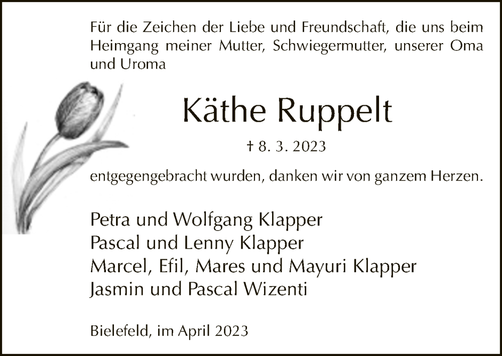  Traueranzeige für Käthe Ruppelt vom 01.04.2023 aus Neue Westfälische