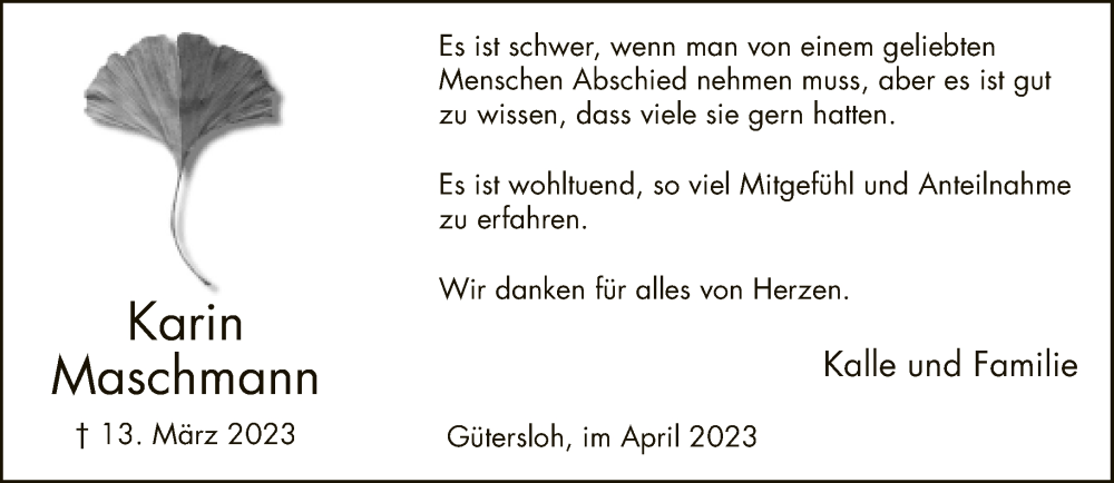  Traueranzeige für Karin Maschmann vom 22.04.2023 aus Neue Westfälische