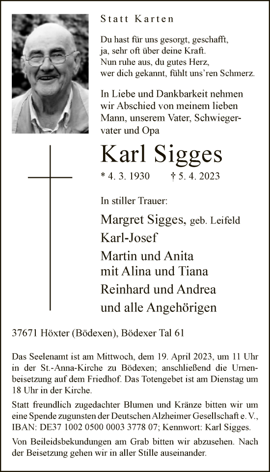 Traueranzeige von Karl Sigges von Neue Westfälische