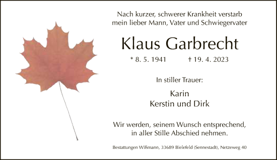 Traueranzeige von Klaus Garbrecht von Neue Westfälische