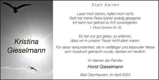 Traueranzeige von Kristina Gieselmann von Neue Westfälische