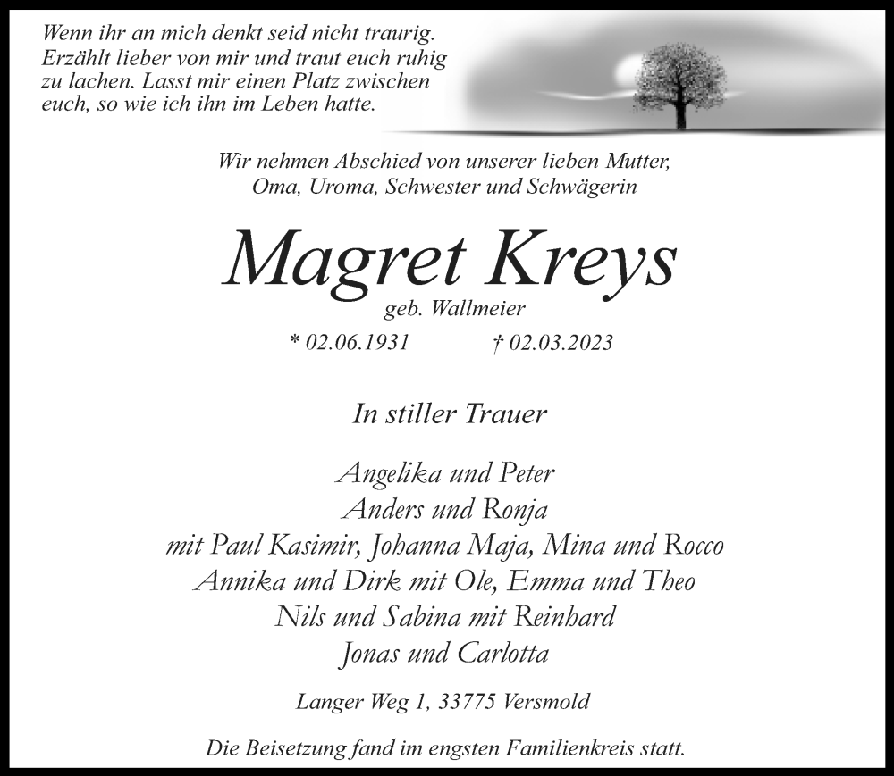  Traueranzeige für Magret Kreys vom 17.04.2023 aus Neue Westfälische
