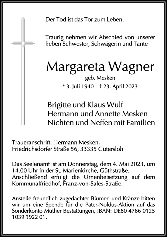 Traueranzeige von Margareta Wagner von Neue Westfälische