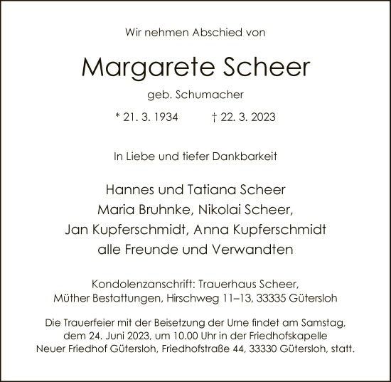 Traueranzeige von Margarete Scheer von Neue Westfälische