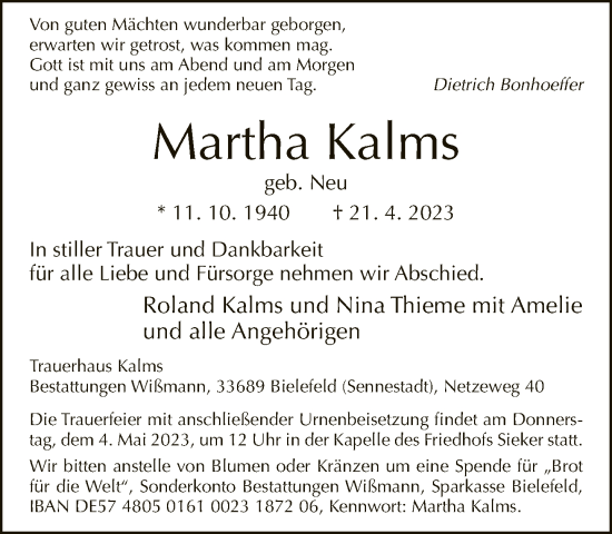Traueranzeige von Martha Kalms von Neue Westfälische