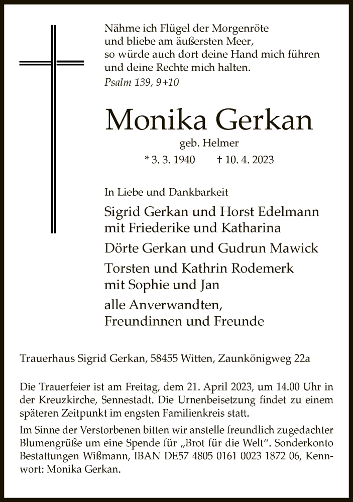  Traueranzeige für Monika Gerkan vom 15.04.2023 aus Neue Westfälische