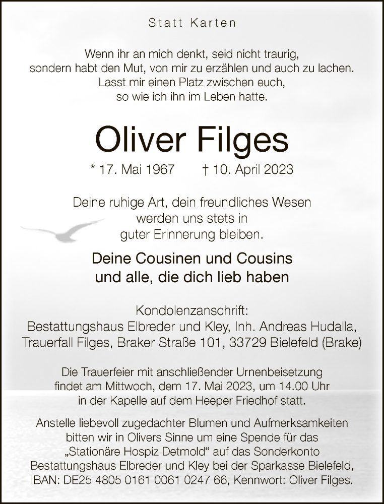  Traueranzeige für Oliver Filges vom 22.04.2023 aus Neue Westfälische
