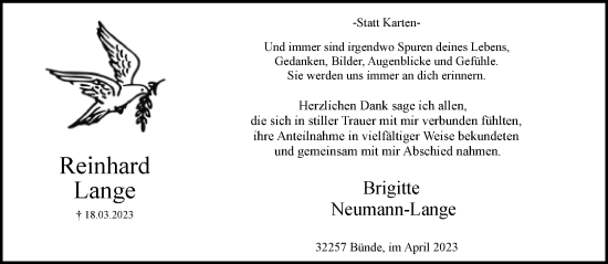 Traueranzeige von Reinhard Lange von Neue Westfälische