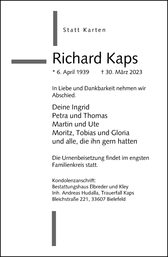 Traueranzeige von Richard Kaps von Neue Westfälische