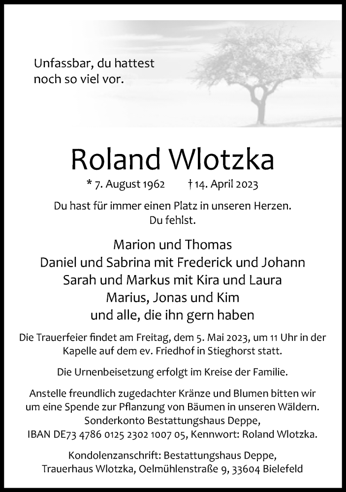  Traueranzeige für Roland Wlotzka vom 22.04.2023 aus Neue Westfälische