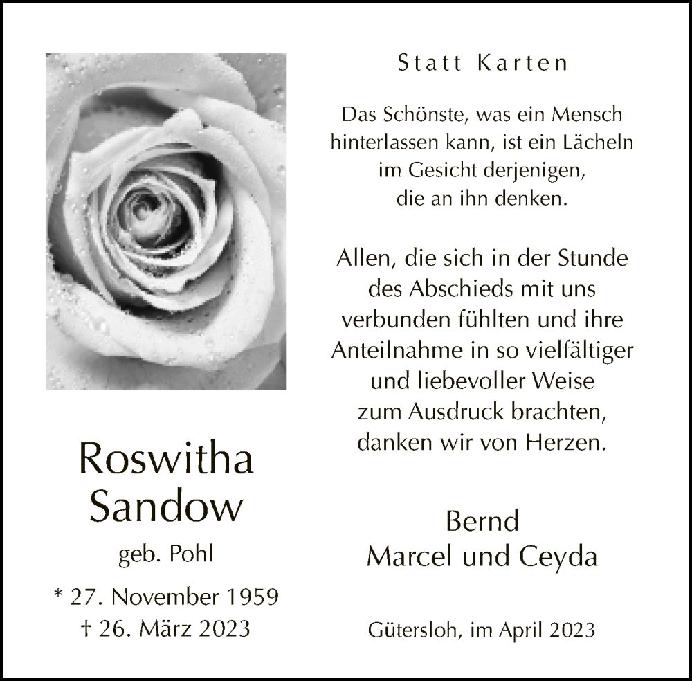  Traueranzeige für Roswitha Sandow vom 29.04.2023 aus Neue Westfälische
