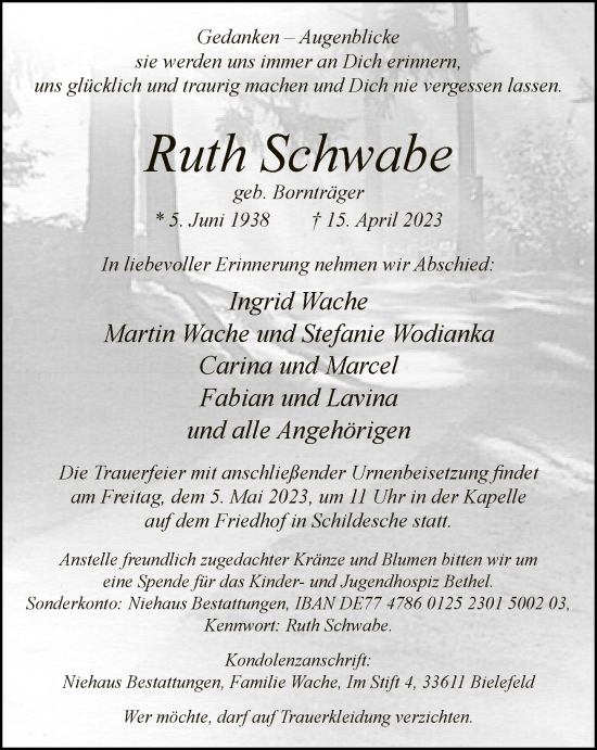 Traueranzeige von Ruth Schwabe von Neue Westfälische