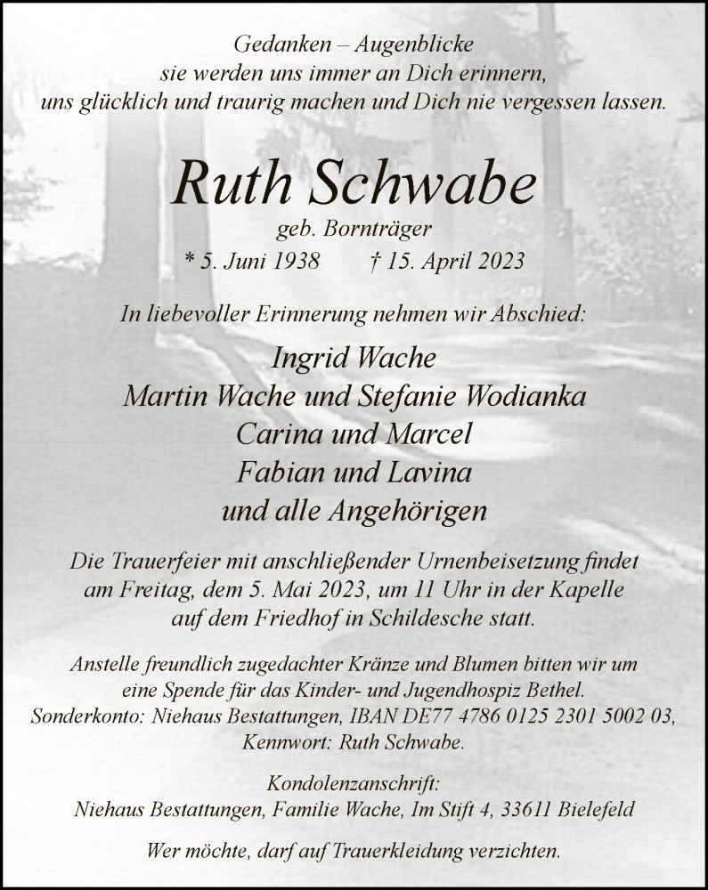  Traueranzeige für Ruth Schwabe vom 22.04.2023 aus Neue Westfälische