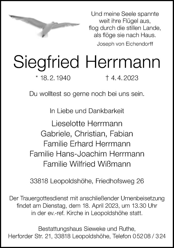  Traueranzeige für Siegfried Herrmann vom 07.04.2023 aus Neue Westfälische