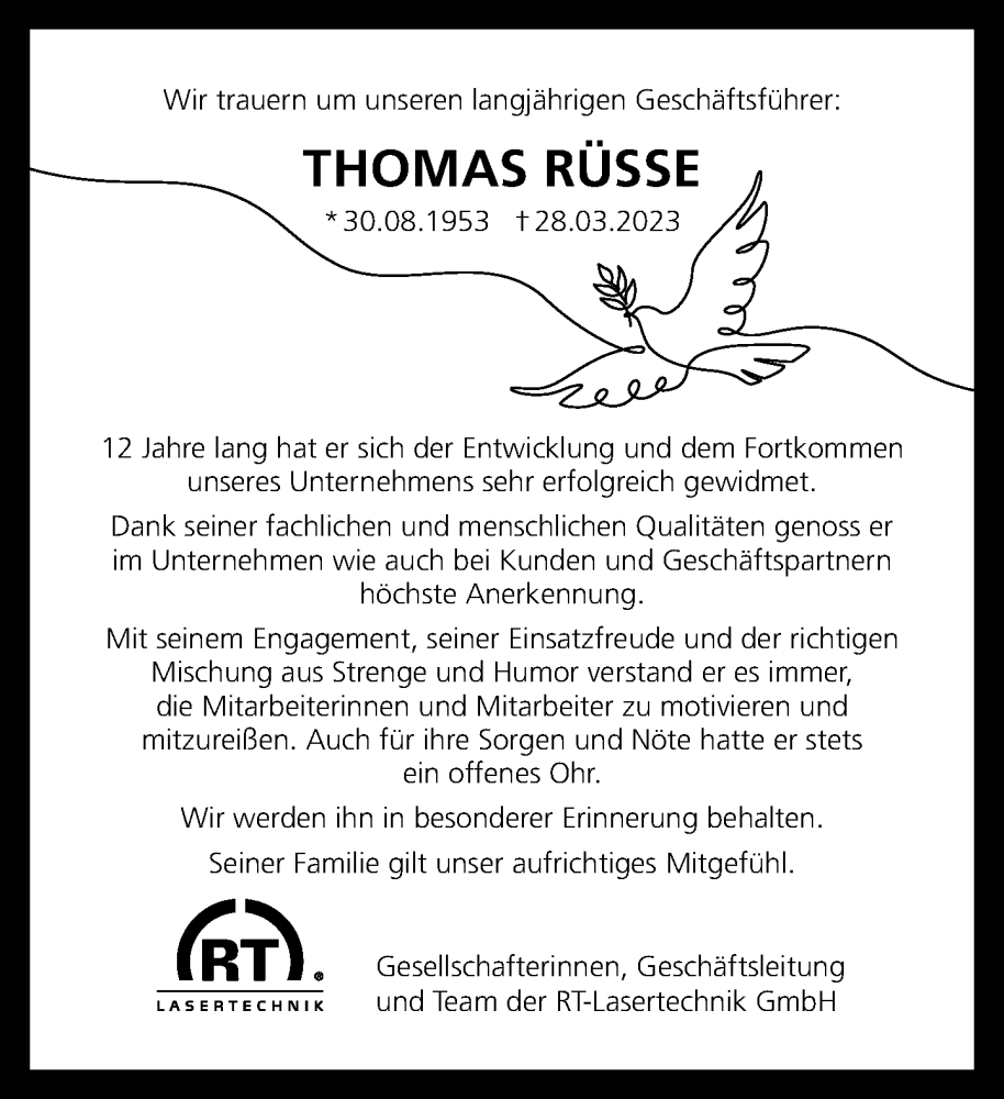  Traueranzeige für Thomas Rüsse vom 01.04.2023 aus Neue Westfälische