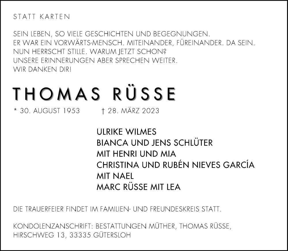  Traueranzeige für Thomas Rüsse vom 01.04.2023 aus Neue Westfälische