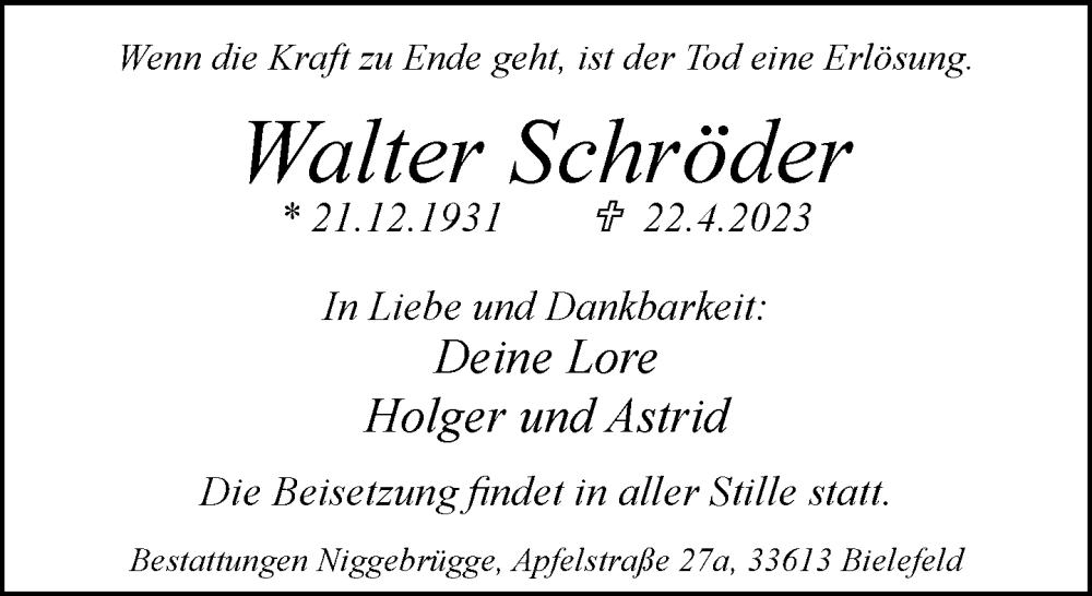  Traueranzeige für Walter Schröder vom 29.04.2023 aus Neue Westfälische