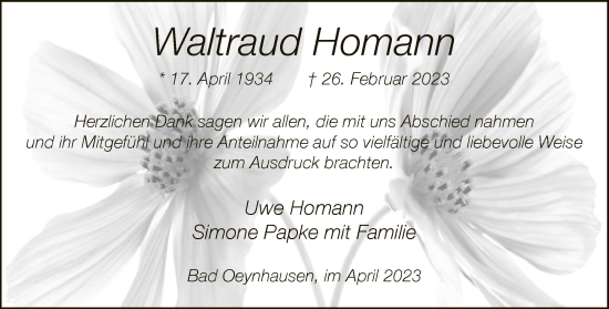 Traueranzeige von Waltraud Homann von Neue Westfälische