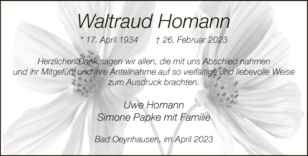 Traueranzeige für Waltraud Homann vom 01.04.2023 aus Neue Westfälische