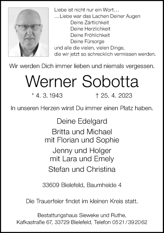 Traueranzeige von Werner Sobotta von Neue Westfälische