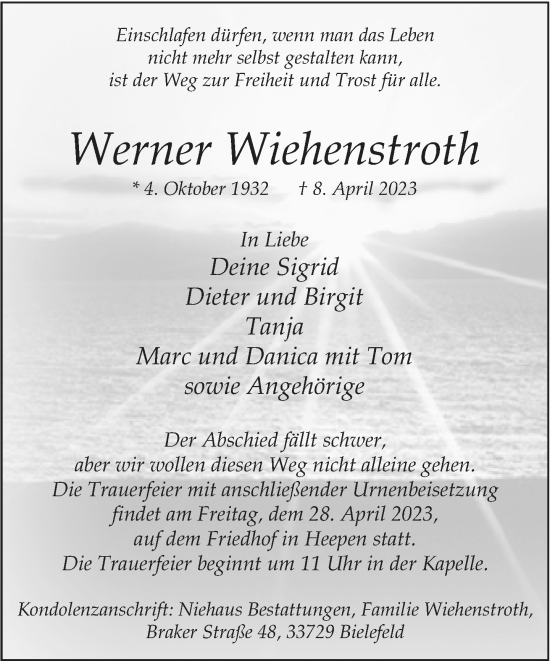 Traueranzeige von Werner Wiehenstroth von Neue Westfälische