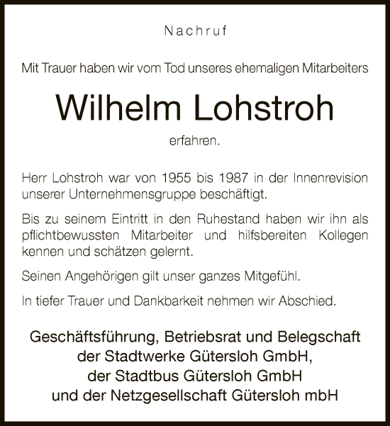 Traueranzeige von Wilhelm Lohstroh von Neue Westfälische
