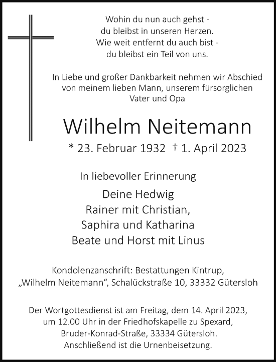 Traueranzeige von Wilhelm Neitemann von Neue Westfälische
