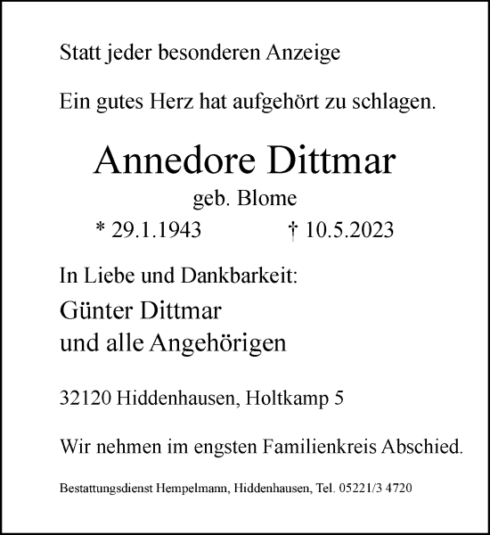 Traueranzeige von Annedore Dittmar von Neue Westfälische