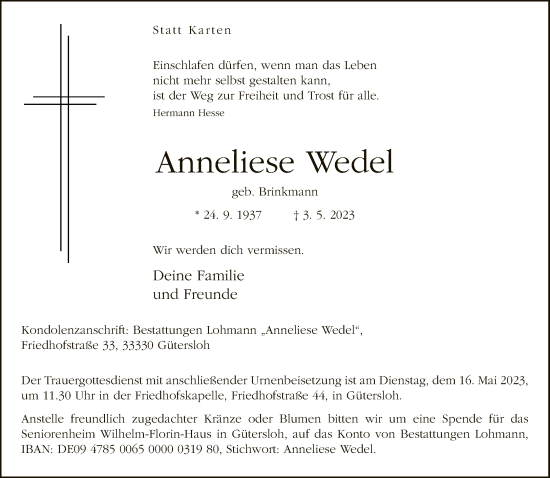 Traueranzeige von Anneliese Wedel von Neue Westfälische