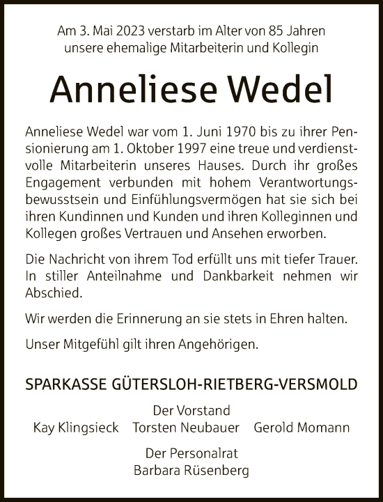 Traueranzeige von Anneliese Wedel von Neue Westfälische