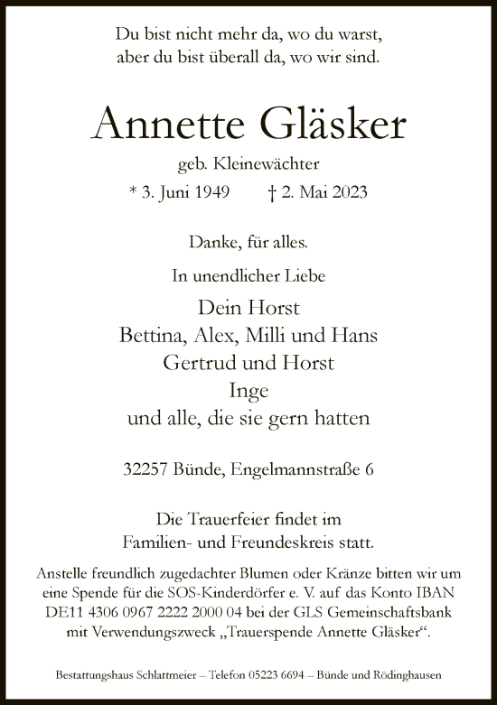 Traueranzeige von Annette Gläsker von Neue Westfälische