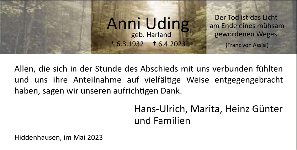  Traueranzeige für Anni Uding vom 13.05.2023 aus Neue Westfälische