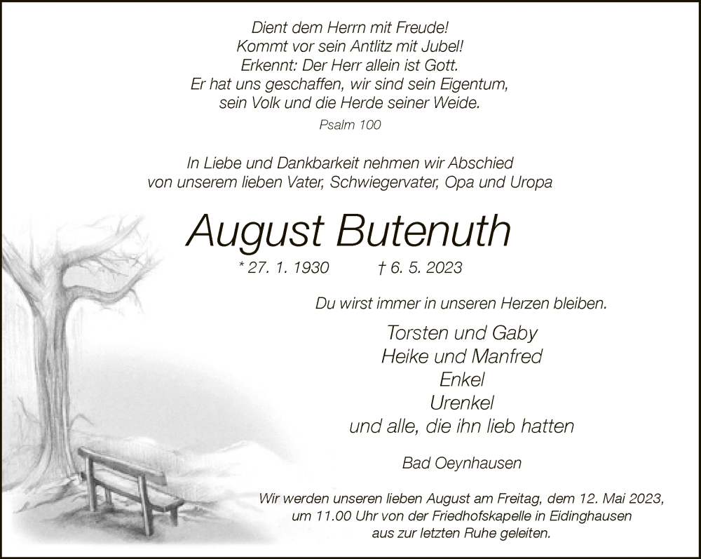  Traueranzeige für August Butenuth vom 09.05.2023 aus Neue Westfälische