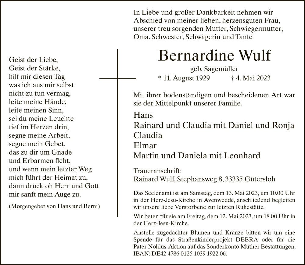  Traueranzeige für Bernardine Wulf vom 09.05.2023 aus Neue Westfälische