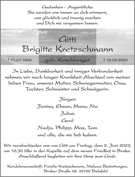 Traueranzeige von Brigitte Kretzschmann von Neue Westfälische