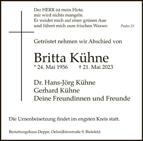 Traueranzeige von Britta Kühne von Neue Westfälische