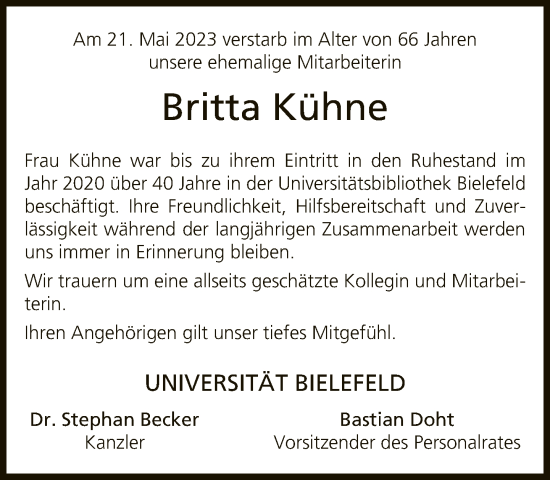 Traueranzeige von Britta Kühne von Neue Westfälische