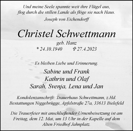 Traueranzeige von Christel Schwettmann von Neue Westfälische