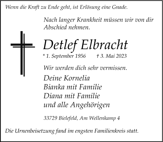 Traueranzeige von Detlef Elbracht von Neue Westfälische