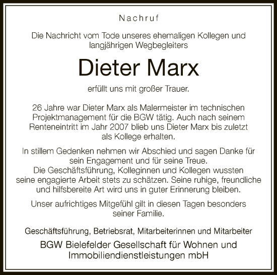 Traueranzeige von Dieter Marx von Neue Westfälische