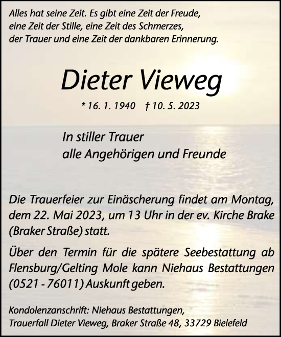 Traueranzeige von Dieter Vieweg von Neue Westfälische